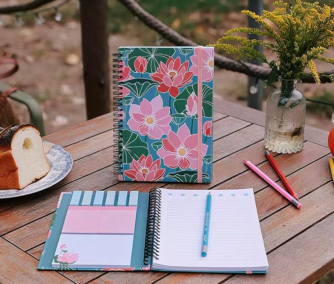 A5 Spiral Sticky Notebook,with 9 pads of decorated sticky notes and a handy notebook,Note Pads Teacher Appreciation Gift Writing Memo Pads School Office Supplies and Daily Life Organization (Lotus)