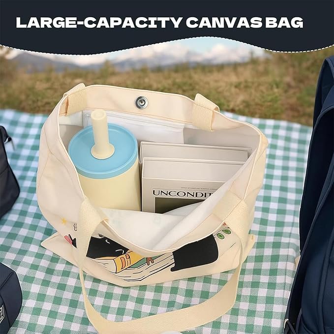 1 Pack Reusable Canvas Cute Shoulder Bag,Made of 10 oz Canvas Tote Bag for Women,for Grocery, Shopping, Beach and Daily Use(Cat)