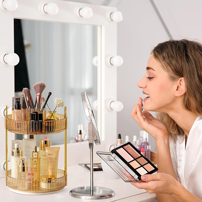 Rotating Makeup Organizer for Vanity, High-Capacity Skincare Clear Make Up Storage Perfume Organizers Cosmetic Dresser Organizer Countertop 360 Spinning (Gold, New-2 Tier)