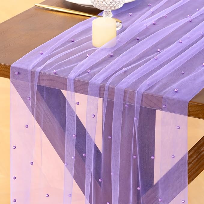 Socomi Pearl Table Runner Tulle Purple Summer Cheesecloth 10FT Gauze Cheese Cloth Sheer Chiffon Wedding Birthday Party Baby Shower Bridal Anniversary Holiday Centerpiece Table Decor