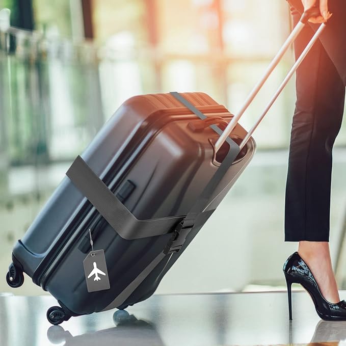 Weewooday 8 Pcs Luggage Straps Suitcase Tags Set for TSA Approved, 4 Travel Adjustable Suitcase Belt, 4 Silicone Luggage Tags with Name ID Card Travel Accessories(Dark Gray,Airplane)