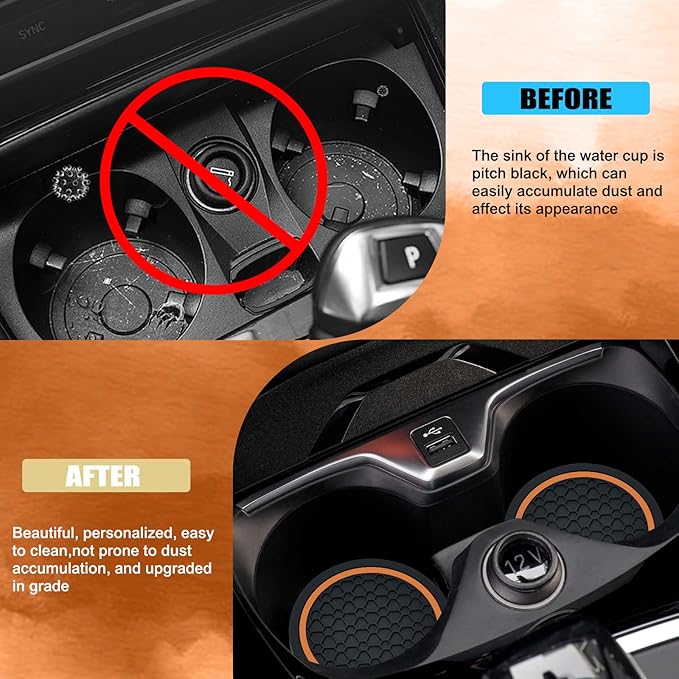 4PCS Car Cup Holder Coasters, 2.75 Inch Non-Slip Insert Cup Holder Pad, Dustproof Automotive Interior Accessories Mat, Universal for Trucks, Vehicles, RVs and More (Black/Orange)