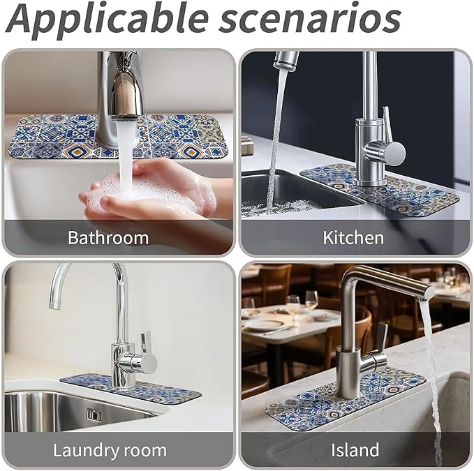 Kitchen Sink Splash Guard,Traditional Moroccan tiles Faucet Mat Sink Gadgets-Super Absorbent Fast Drying Mat Drip Catcher for Kitchen, Bathroom,Sink Mat, Dish Drying Mat, Bathroom(15" X 5.5" )