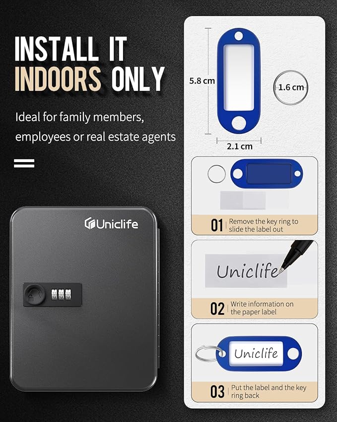 Uniclife 20 Position Key Cabinet with Combination Lock Resettable Black Digital Security Storage Box Steel Key Organizer with Colorful Key Tag Labels Stickers and Hooks