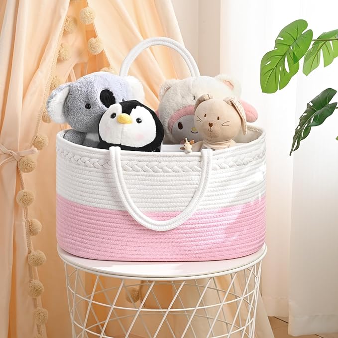 Baby Diaper Caddy Organizer, Cotton Rope Diaper Basket, Baby Basket for Changing Table, Nursery, Car, Changing Table Storage Bin With Removable Divider, Baby Shower Gifts for Newborn, Baby Essentials