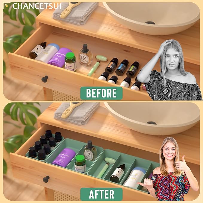 CHANCETSUI Drawer Organizer Storage Tray Set – Modular, Stackable Bins for Vanity, Bathroom, Makeup & Personal Care – Boho Style Plastic Trays with Customizable Slots, Durable & Space-Saving Design