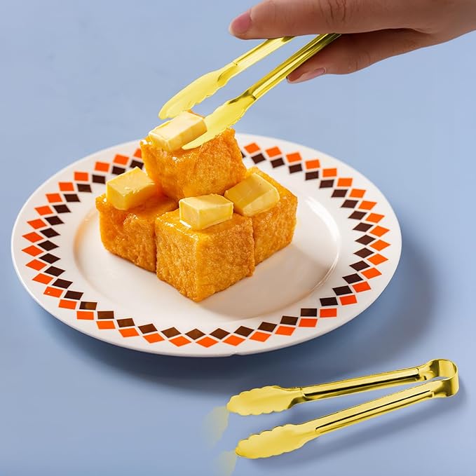 8PCS Gold Mini Metal Tongs, 5" Stainless Steel Serving Tiny Tong, Small Kitchen Accessories for Appetizer, Ice, Sugar Cube, Salad, Toaster, Desserts
