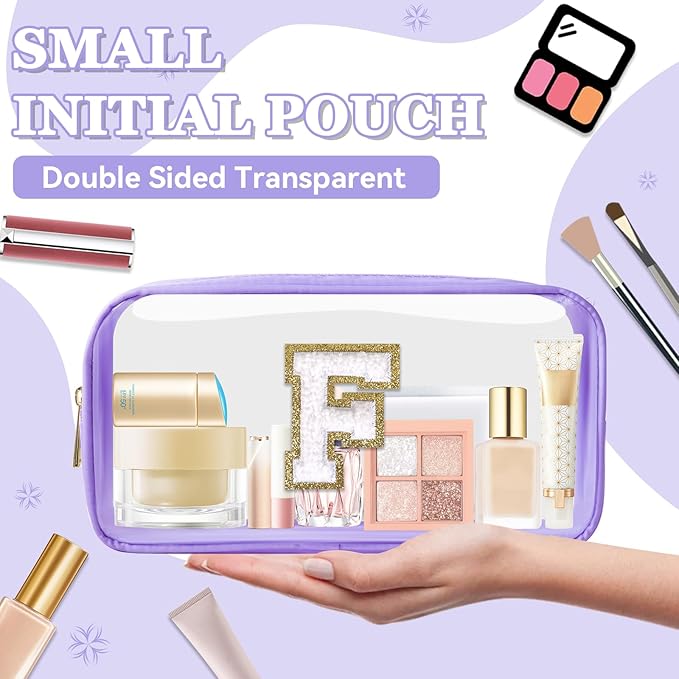 Small Clear Personalized Initial Makeup Bag,Nylon Preppy A-Z Chenille Letter Patch Cosmetic Pouch Beach Toiletry Bag,Waterproof Zip Travel Purse Storage Bag Organizer for Women Girls(Purple-White F)