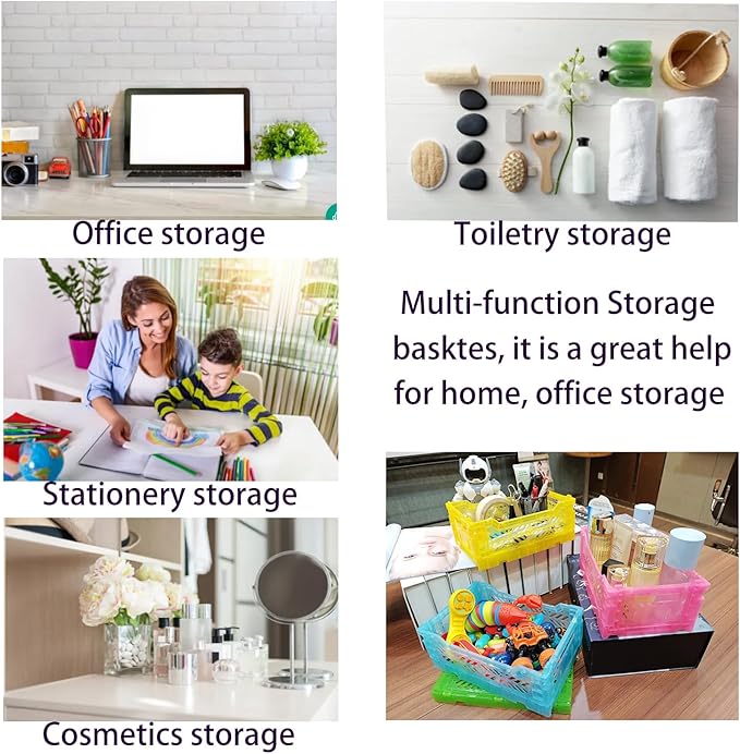PTEREIW 4Pack Pastel Plastic Storage Crates and Baskets, Collapsible Crates for Organizing, 4L Space Saving Bins for Classroom, Kitchen, Office, Bedroom,Desk Organizer. (Mix Colors)