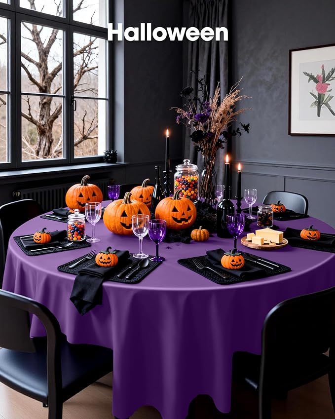 Pureegg Plastic Table Cloth Disposable 10 Pack, 84'' Round Table Cloths, Halloween Party Decorations, Summerween Decor, Halloween Tablecloths, Round, Plastic Cover, Leakproof & Sturdy, Purple
