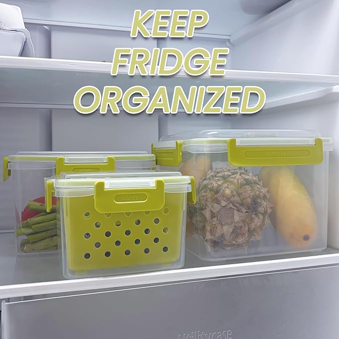 Set of 3 Fruit Storage Containers for Fridge with Removable Colander and Handle Lid, 4.6qt|2.5qt|1qt Dishwasher Microwave Safe, Keep Berry Fresh Longer (Light Green)