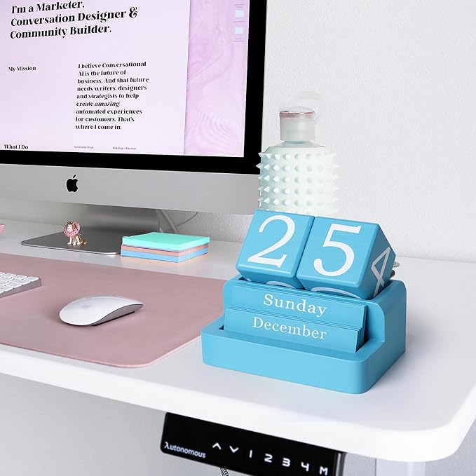 Wooden Block Calendar for Desk, Daily Desktop Perpetual Desk Calendar, Modern Farmhouse Aesthetic Desk Accessories for Home Office Decor, Teacher, Classroom, Reusable Yearly, Blue