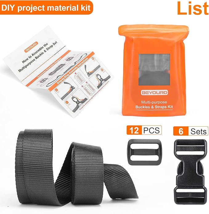 Heavy-Duty Buckles and Strap Set 1-1/4": 6 Yards of Thick Nylon Webbing, 6-Pack Adjustable Quick Side Release Plastic Buckles, 12 Tri-Glide Slide Clips, Black (1 1/4 Inch Combo Set)