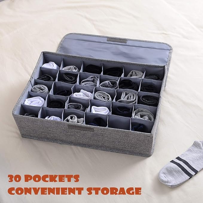 AARAINBOW 2 Packs Underwear Socks Ties Storage Organizer with Lids Foldable Closet Drawer Organizer 60 Cells, Fabric Wardrobe Divider Storage Boxes for Scarves and Lingerie (30 Cell, 2 Gray)