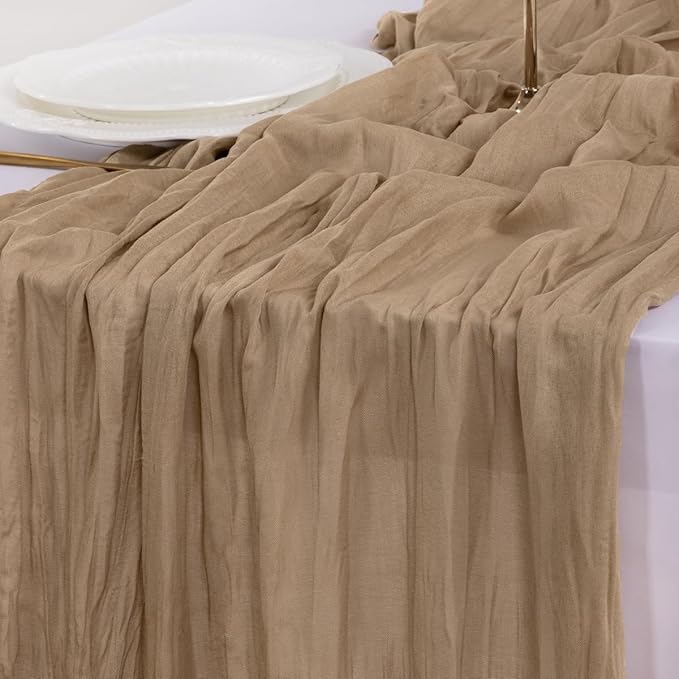Socomi 15pcs Nude Brown Cheesecloth Table Runner Summer Boho Rustic Gauze 120 inch 10FT Cheese Cloth Sheer Runner for Wedding Party Baby Shower Birthday Home Decor Holiday Decorations