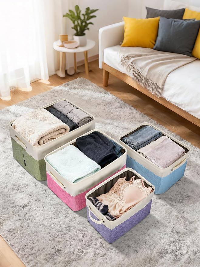 BALEINE 4 Pack Fabric Storage Bins for Shelves, Linen Storage Baskets for Organizing, Decorative Closet Bins for Clothes, Home (Grey, 14''x10''x8.5'')