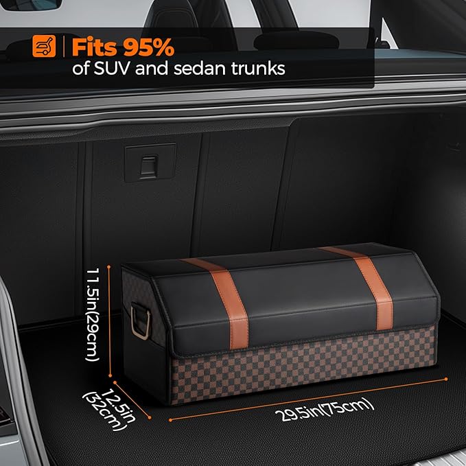 Fyzeoty Car Organizers and Storage - Trunk Organizer for SUV Car, Car Trunk Leather Storage Box, Extra Large, Magnetic Lid, Collapsible and Adjustable