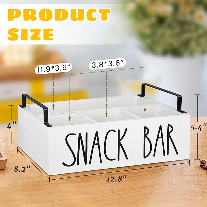 Snack Organizer for Countertop, Wooden Pantry Storage Bins with Handles, Snack Bar Organizer for Pantry Shelf, Kitchen, 4-Compartment Food Container Snack Box, Pantry Organizer for Snacks, Chips (White)