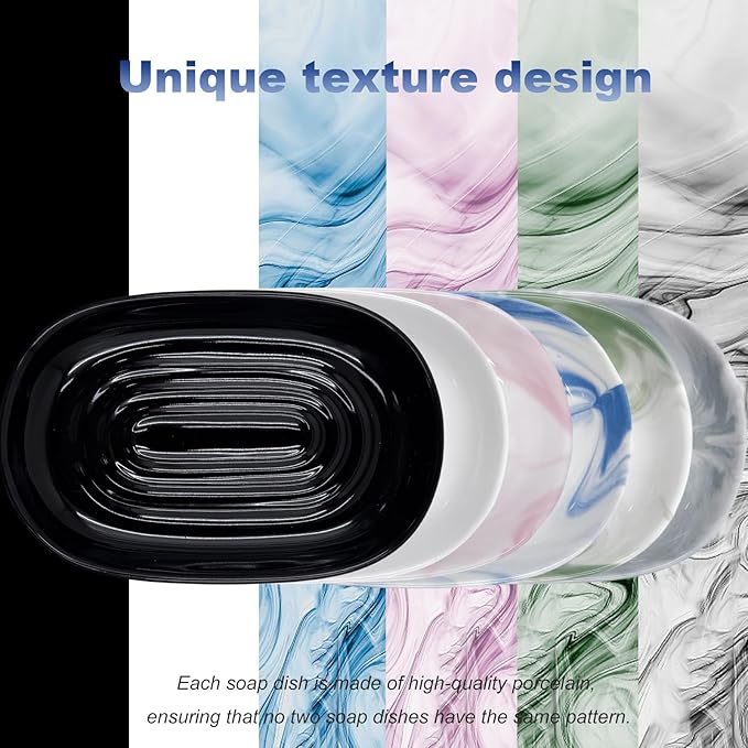 Ceramic Marble Pattern Soap Dish, Textured Raised Soap Saver Tray for Shower Bathroom Kitchen Sink Vanity, Easy to Clean Multi-Use Holder for Bar Soap Jewelry Rings Keys, Black (2 Pack)