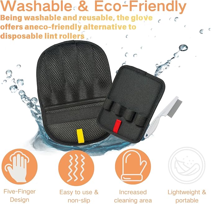 3PCS Pet Hair Removal Gloves for Dogs & Cats, Five-Finger Reusable Electrostatic Magic Brush Clean Pet Hair 2 Pcs Gloves & 1 Comb, Pet Hair Remover Tool for Clothing, Couch, Carpet, Car Seat, Black