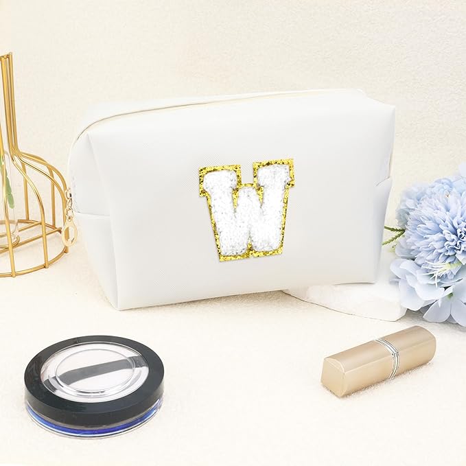 Gifts for Girls Initial Makeup Bag Personalized Cosmetic Bag with Zipper Cute Travel Toiletry Bags Waterproof PU Preppy Makeup Pouch Birthday Gift for Teen Girls Women(White W)