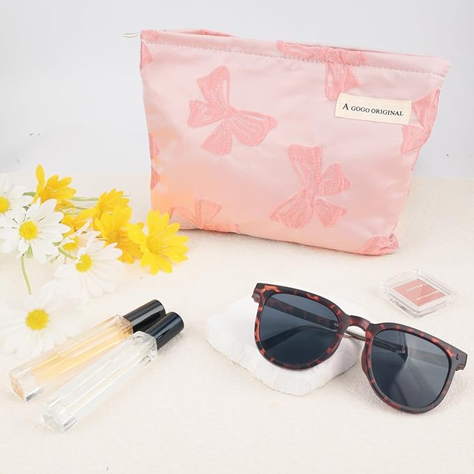 ZLFSRQ Bow Makeup Bag Travel Cute Bow Embossed Cosmetic Bag for Women Small Pink Bow Makeup Zipper Portable Storage Toiletry Pouch for Purse Aesthetic Christmas Essential Cosmetic Organizer