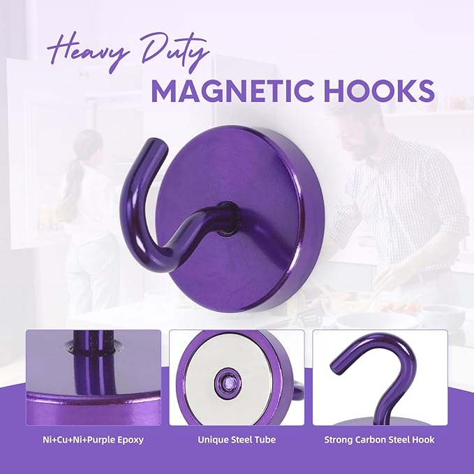 Neosmuk Magnetic Hooks, Cruise Ship Essentials, 120lb+ Heavy Duty Magnetic Hooks for Cruise Cabins, Refrigerator, Grill, Hanging, and Travel | Extra Strong Must-Haves Magnet Hook,Purple