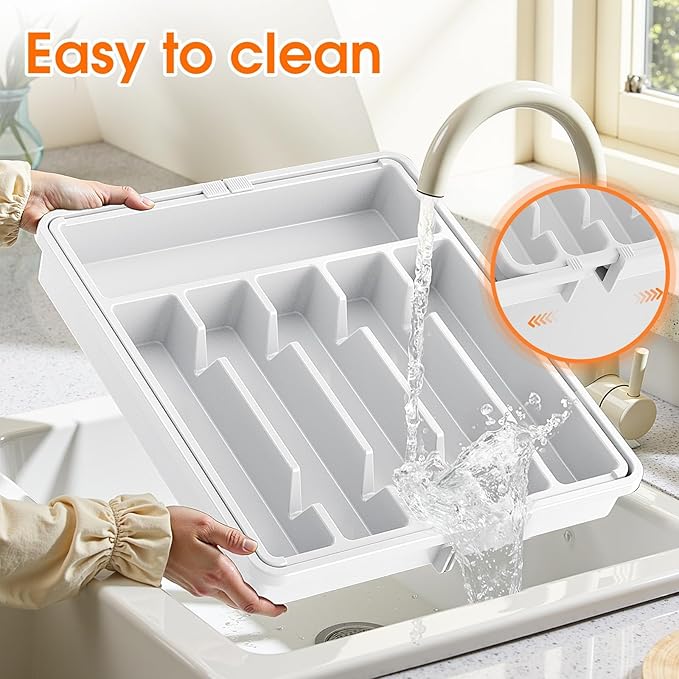 SpaceHacks Silverware Organizer,Adjustable & Expandable Utensil Drawer Organizer, BPA Free Utensil Holder, Cutlery Tray for Forks, Spoons, Knives in Kitchen, Large, White