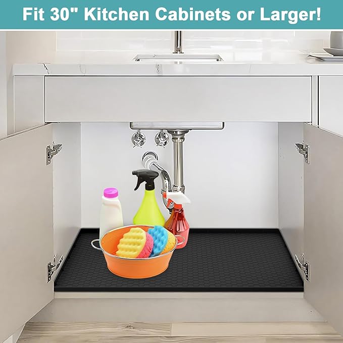 Waterproof Under Sink Mat, 28" x 19" Silicone Under Sink Mats for Kitchen, Under Kitchen Sink Mats and Protector Mat, Sink Cabinet Protector Mats for Bathroom, Black