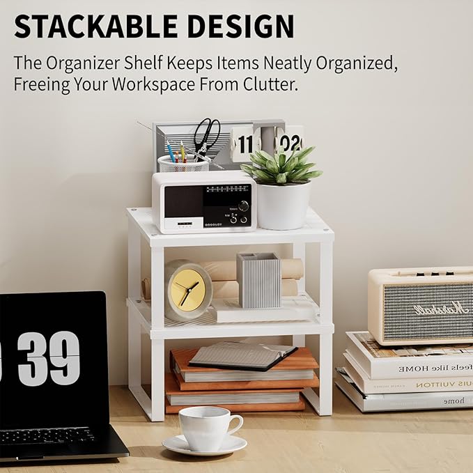 11" Wide Set of 2 Stackable Kitchen Cabinet Organizers Spice Racks,Office Desk Shelf Organizers Bookshelf Storage,Metal Carbon Steel