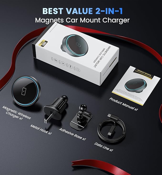Mag-Safe Car Mount Charger 15W Magnetic Wireless Car Charger for iPhone 17 Accessories Magnetic Phone Holder for Car 3 in 1 Mag Safe Car Mount for iPhone17Pro/16/15/14/13/12 Series Gifts for Men Women