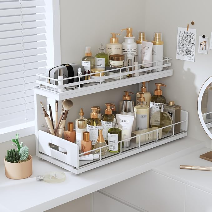 1 Pack 18 IN Depth Under Sink Organizer with Smooth Ball Bearing Slides, 2-Tier Pull Out Cabinet Storage, Slide Out Drawers for Bathroom & Kitchen, Rust-resistant Coating, Height Adjustable-White