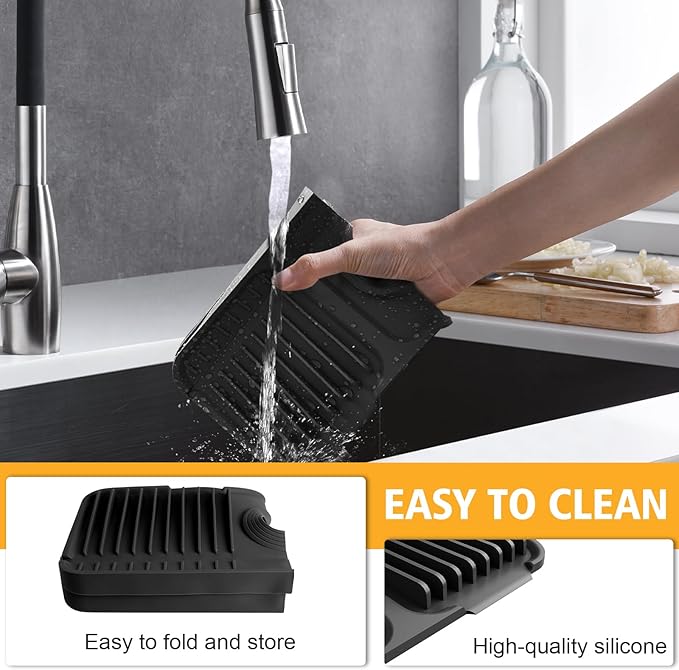 14.6-Inch Kitchen Sink Splash Guard Mat | 7ยฐ Slope for Fast Self-Draining | Snap-Lock Design | Universal & Cuttable Silicone Faucet Mat BLACK