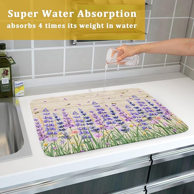 Lavender Floral Dish Drying Mat 18x24 inch Spring Summer Flower Decorative Fast Dry Dishes Drainer Mats Reversible Washable Dish Rack Pad