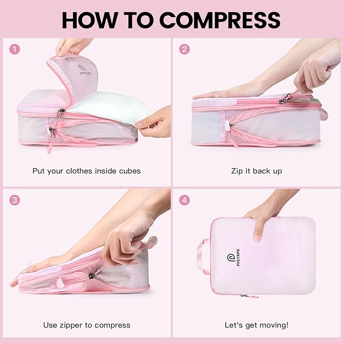 PFEYRPK Lightweight Compression Packing Cubes for Suitcases, Compressible Expandable Travel Packing Organizer with Clear Toiletries and Backpack Bag, Travel Essentials for Carry-on Luggage 7 Set