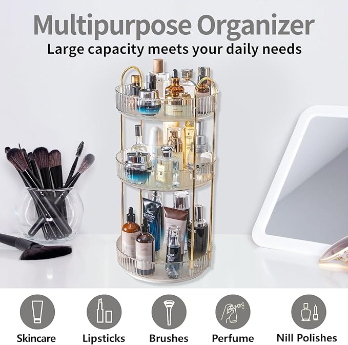 360 Rotating Makeup Organizer, 3-Tier Large Capacity Makeup Organizers and Storage, Skincare Perfume Vanity Organizers, Bathroom Cosmetics Storage Organizer Countertop (Clear-3 Tier)