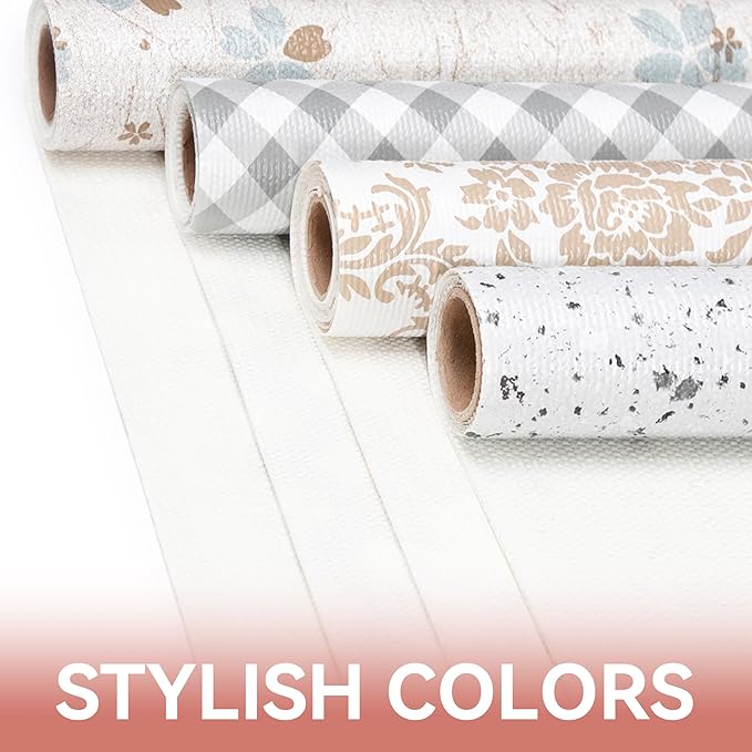 RAY STAR Shelf Liner, Non Adhesive White Floral Cabinet Liner for Pantry Drawer, Strong Grip Non Slip Waterproof, Shelf Liners for Kitchen Cabinets Organization 18 Inch x 8 FT (5 Rolls)