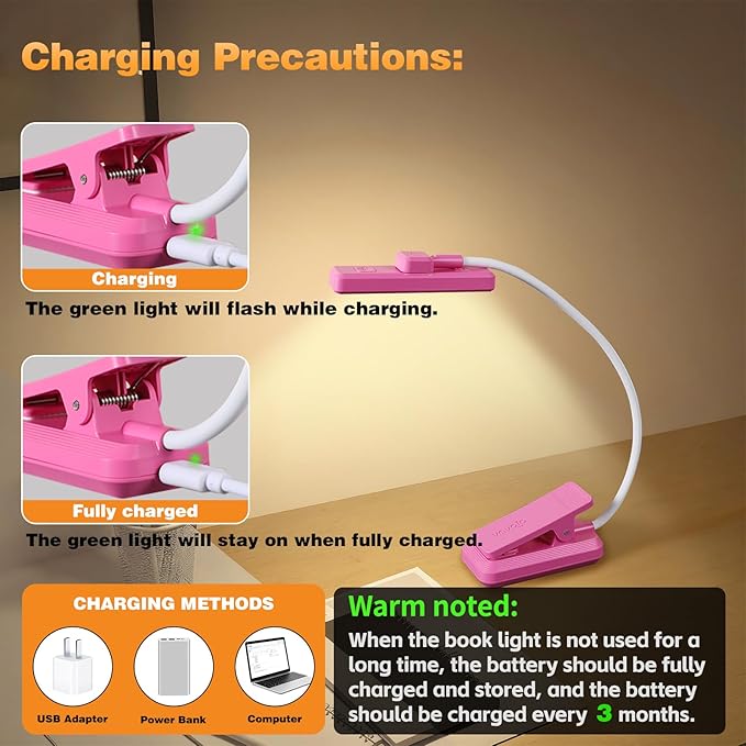 VAVOFO Rechargeable Book Light Rotatable:24 LEDs Reading Light, 3-Color & 9-Brightness Book Lamp, Eye Cared 120Hrs Runtime Lightweight Clip on Led Light for Book Lovers (Rose)