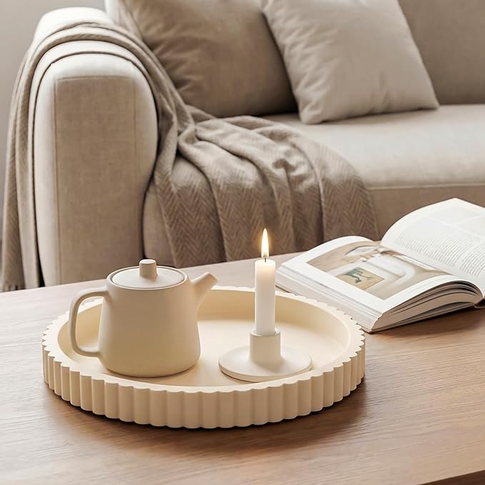 Round Concrete Decorative Tray for Coffee Table Decoration 12" Modern Cream White Table Centerpieces Decorative Ottoman Tray for Serve Home Decoration Accent Bandejas Decorativas Gift