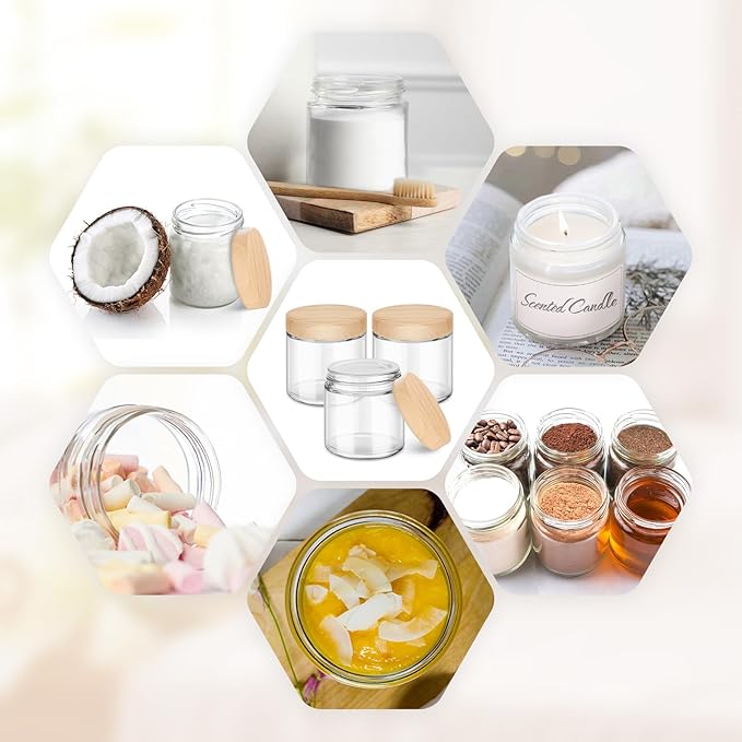 16 Pack Small Glass Jars with Lids, 4 oz Glass Containers with Plastic Woodgrain Lids & Inner Liners, Reusable Travel Containers for Creams, Makeup, Lotion, Cosmetic, Ointment
