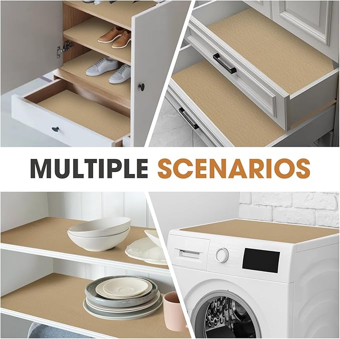 Drawer and Shelf Liner, Non-Slip Kitchen Cabinet Liners Non-Adhesive Thick Strong Grip Waterproof Washable Mats Protect Dresser Shelves Cupboard Bathroom Cabinets, Beige, 24 in X 10 FT