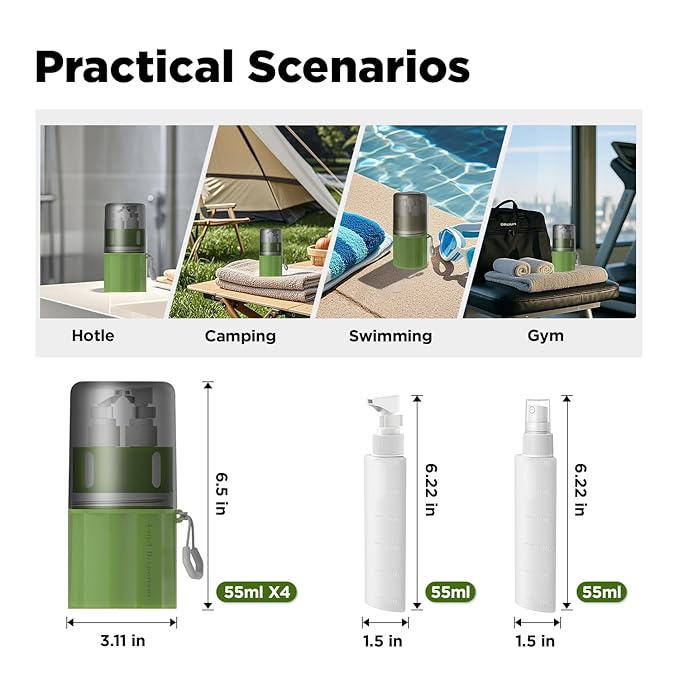 YOTIME 4in1 Travel Bottles Set, Vacuum Silicone Suction Cup for Smooth Walls, TSA Approved Leak Proof Travel Size Containers for Toiletries, Shampoo, Body Wash and Conditioner, Green