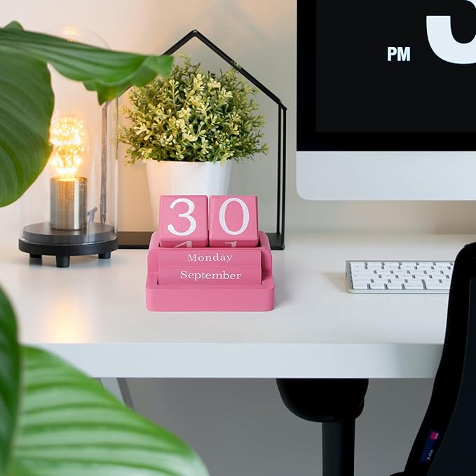 Wooden Block Calendar for Desk, Daily Desktop Perpetual Desk Calendar, Modern Farmhouse Aesthetic Desk Accessories for Home Office Decor, Teacher, Classroom, Reusable Yearly, Pink