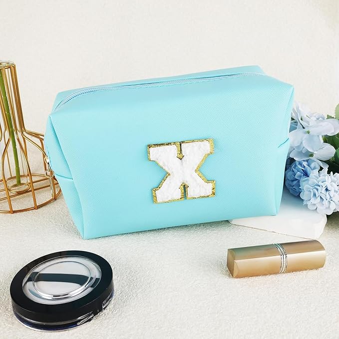 Gifts for Girls Initial Makeup Bag Personalized Cosmetic Bag with Zipper Cute Travel Toiletry Bag Waterproof PU Preppy Makeup Pouch Birthday Gift for Teen Girls Women(Blue X)