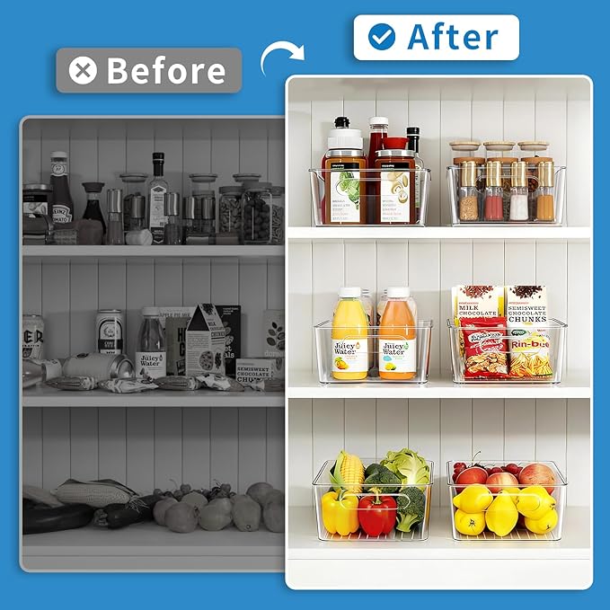 10 Pack Pantry Organizers and Storage,Clear Plastic Containers with 2 Dividers for Kitchen,Fridge Organization and Storage,Acrylic Bins for Pounches,Spice Packet,Snack organzier