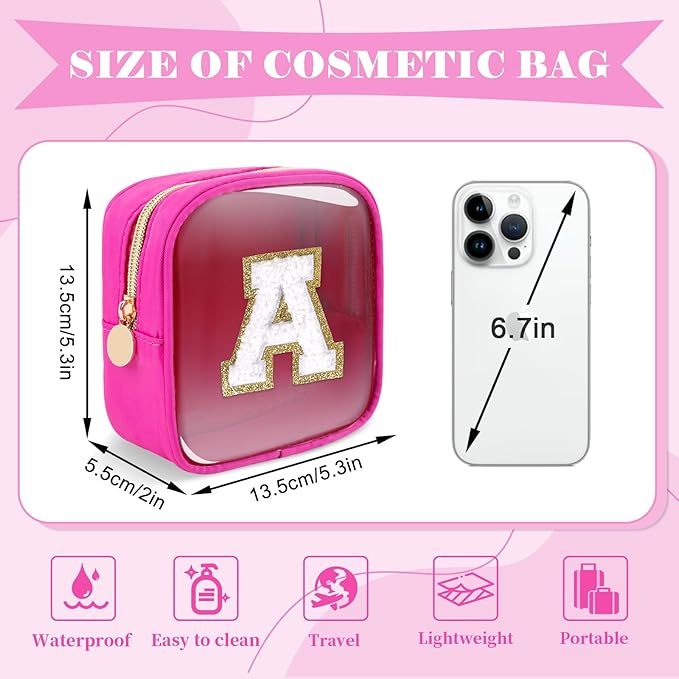Personalized Initial Letter Clear Preppy Makeup Bag, Mini Nylon Chenille Letter Cosmetic Bag Cute Zipper Pouch Coin Purse for Teen Girls, Portable TSA Approved Travel Essentials Bag Gift for Women, A