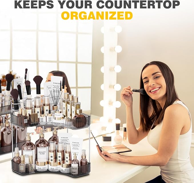 2-Tier Corner Bathroom Counter Organizer with Top Toothbrush Holders,Large Makeup Organizer Countertop with Brush Holder,Skincare Organizers Corner,Exquisite Vanity Organizer (Gray, 2 Tier)
