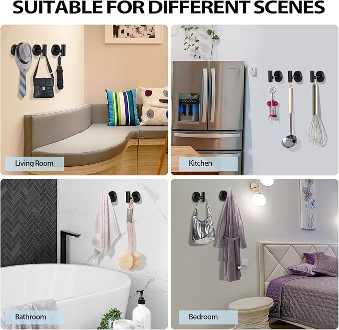 Kruodop Towel Hooks for Bathroom, 4 Packs Wall Mount Towel Holder, Black Matte Wall Robe Hook, Stainless Steel Heavy Duty Door Hanger Towel Hook for Kitchen, Bedroom, Hotel, Pool, Coats - Black