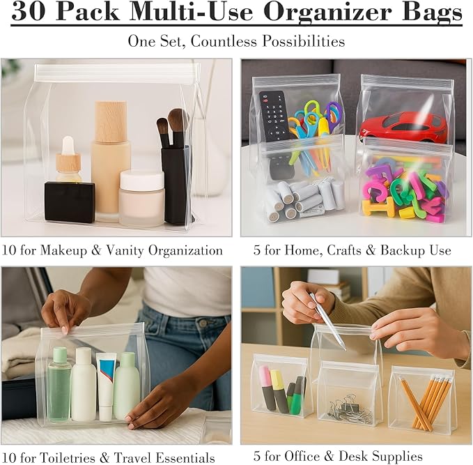 30 Pack Mini Clear Makeup Bag Organizer Cosmetic Zipper Pouch TSA Approved Small Travel Pouches for Toiletries Transparent EVA Reusable Water-resistant Plastic Clear Gift Bags Bulk, 6” x 5” x 1.5”