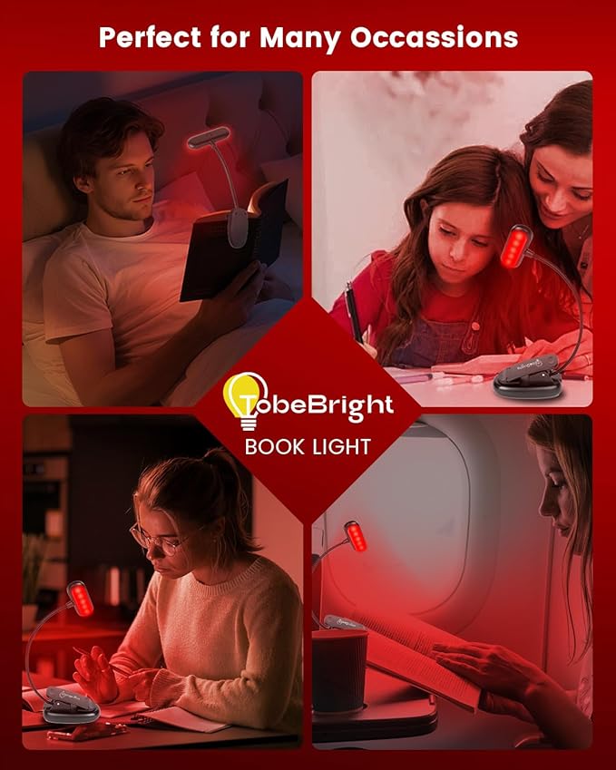 670nm LED Reading Light, USB-C Rechargeable Clip On Book Lights for Reading at Night, 100% No Blue-Light Eye Care Book Lamp, Gift for Kids, Travel, Learning